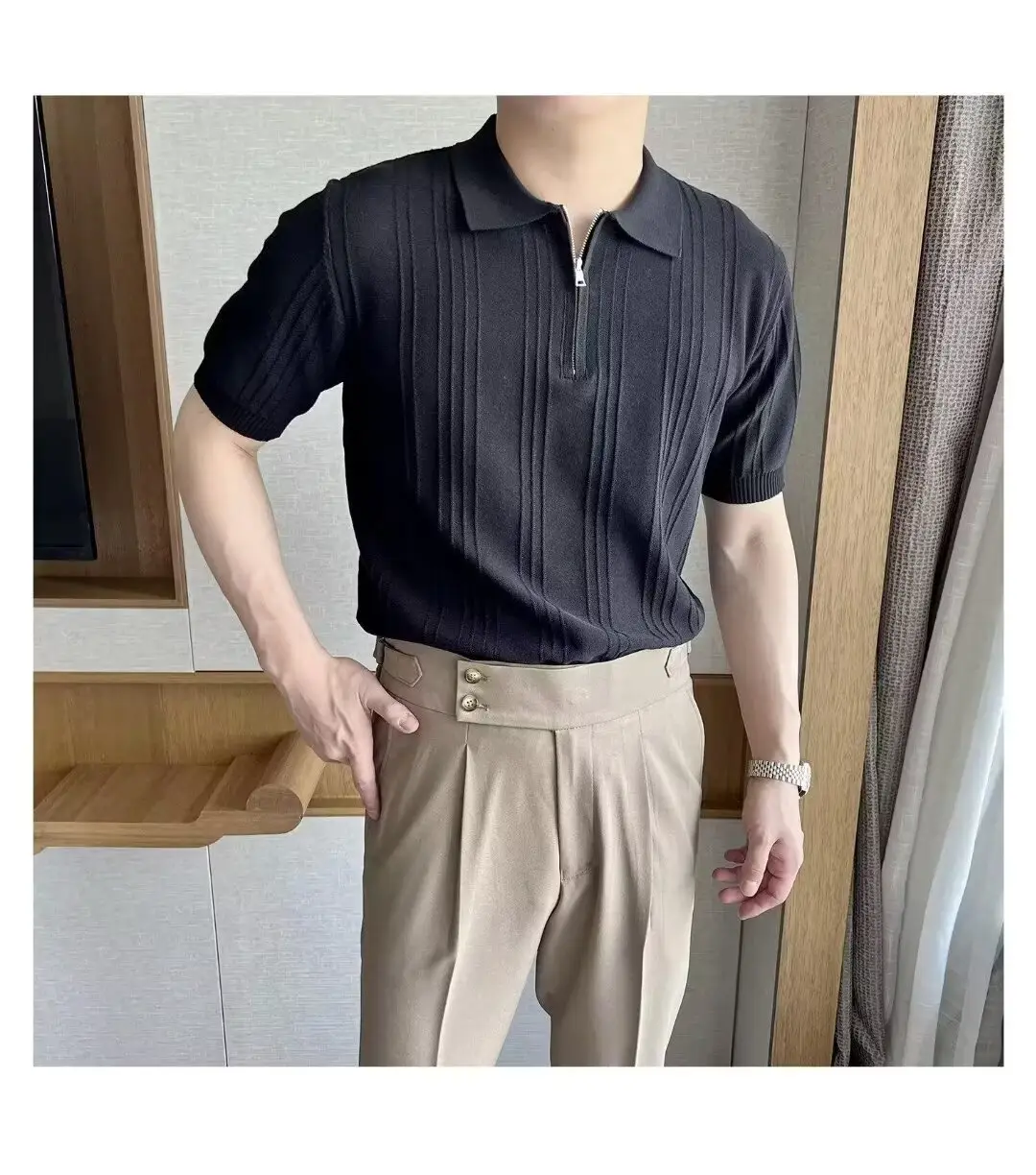 Men's Black Striped Polo Shirt Slim Fit Summer — feature 9