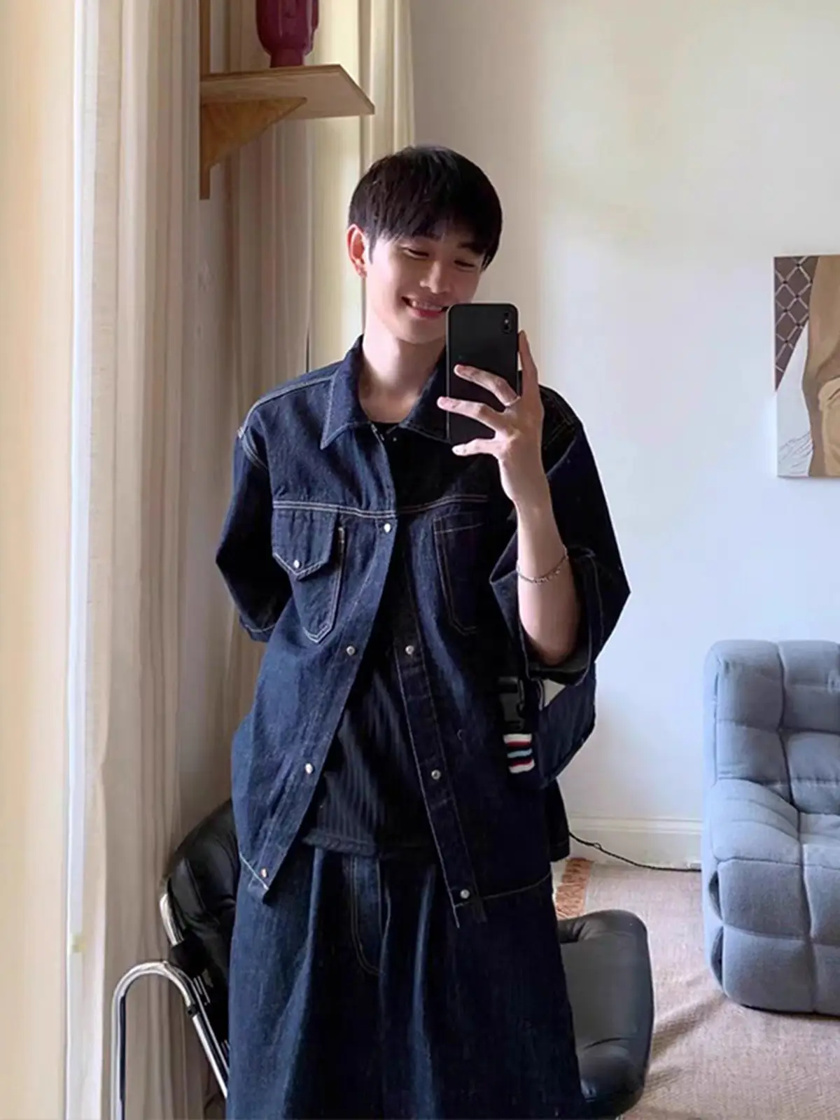 Men Denim Two-Piece Suit Dark Blue Wide Leg Cropped