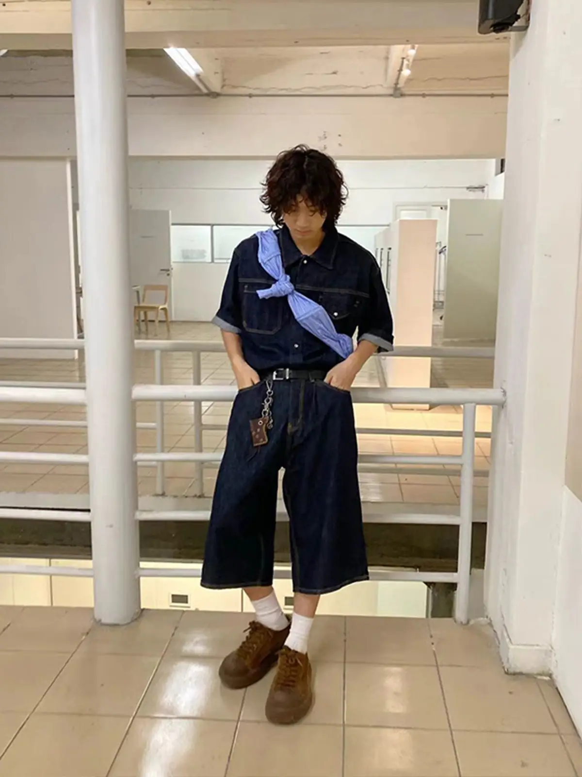 Men Denim Two-Piece Suit Dark Blue Wide Leg Cropped
