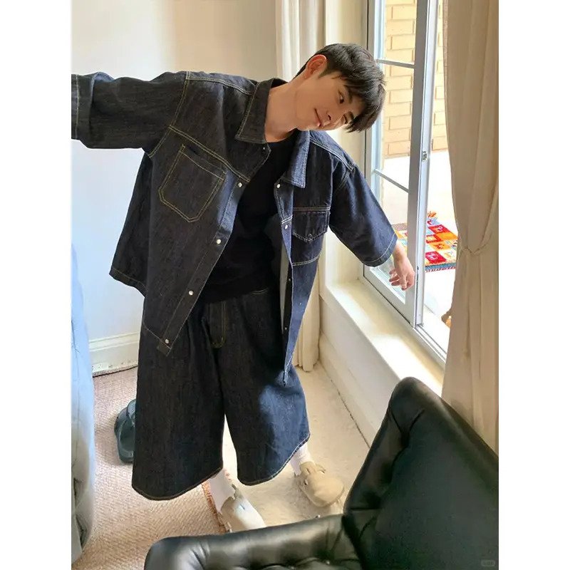 Men Denim Two-Piece Suit Dark Blue Wide Leg Cropped — feature 3