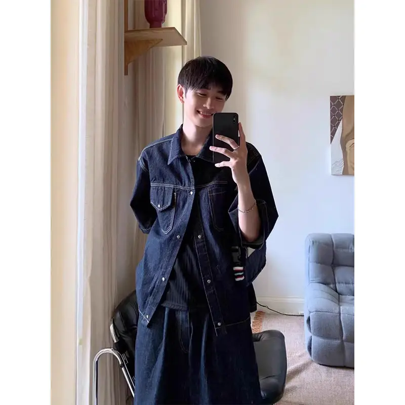 Men Denim Two-Piece Suit Dark Blue Wide Leg Cropped — feature 4