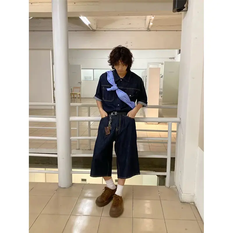 Men Denim Two-Piece Suit Dark Blue Wide Leg Cropped — feature 6