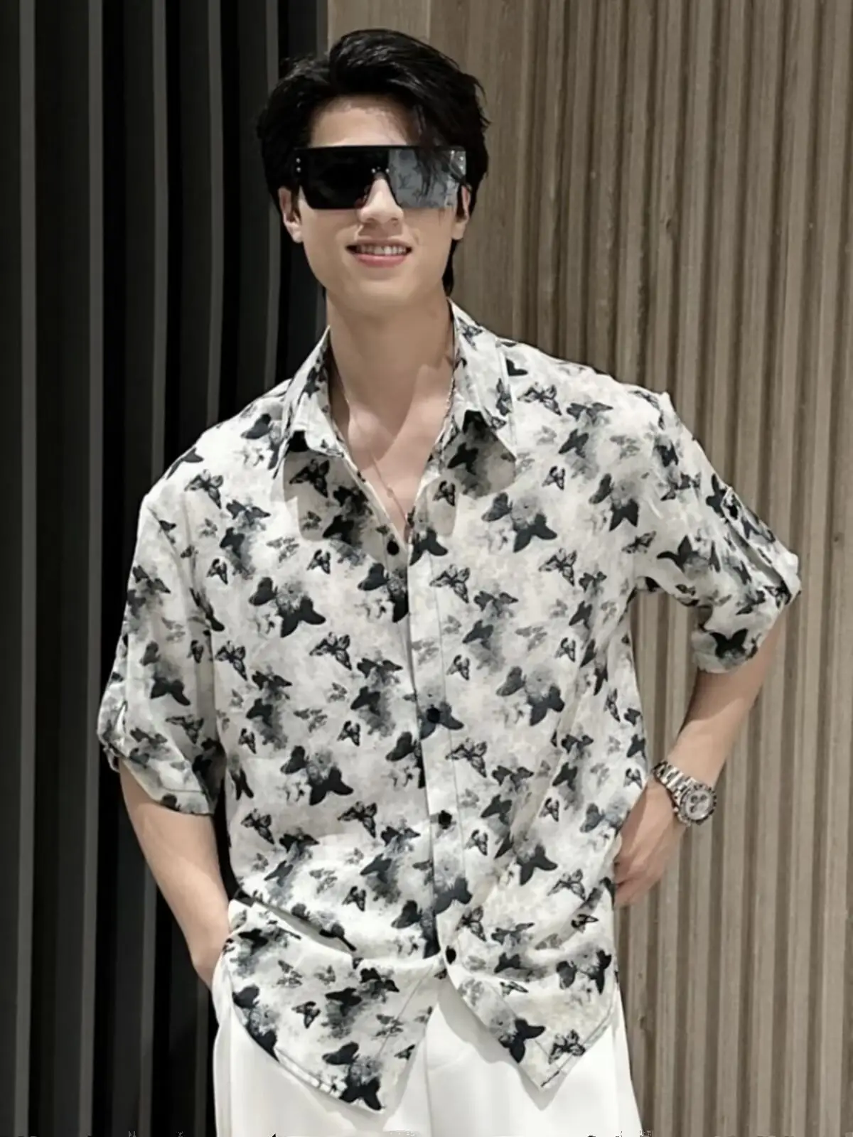 Men Black Star Print Zipper Shirt Short Sleeve