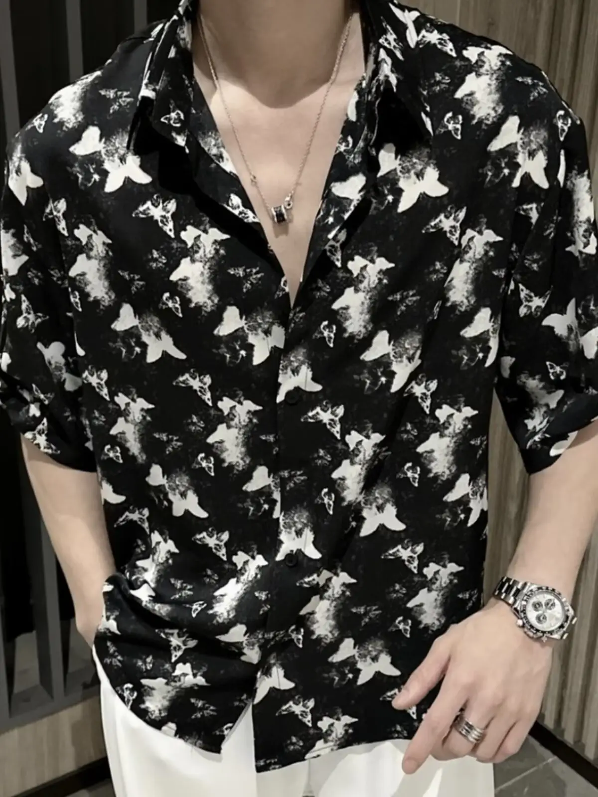Men Black Star Print Zipper Shirt Short Sleeve