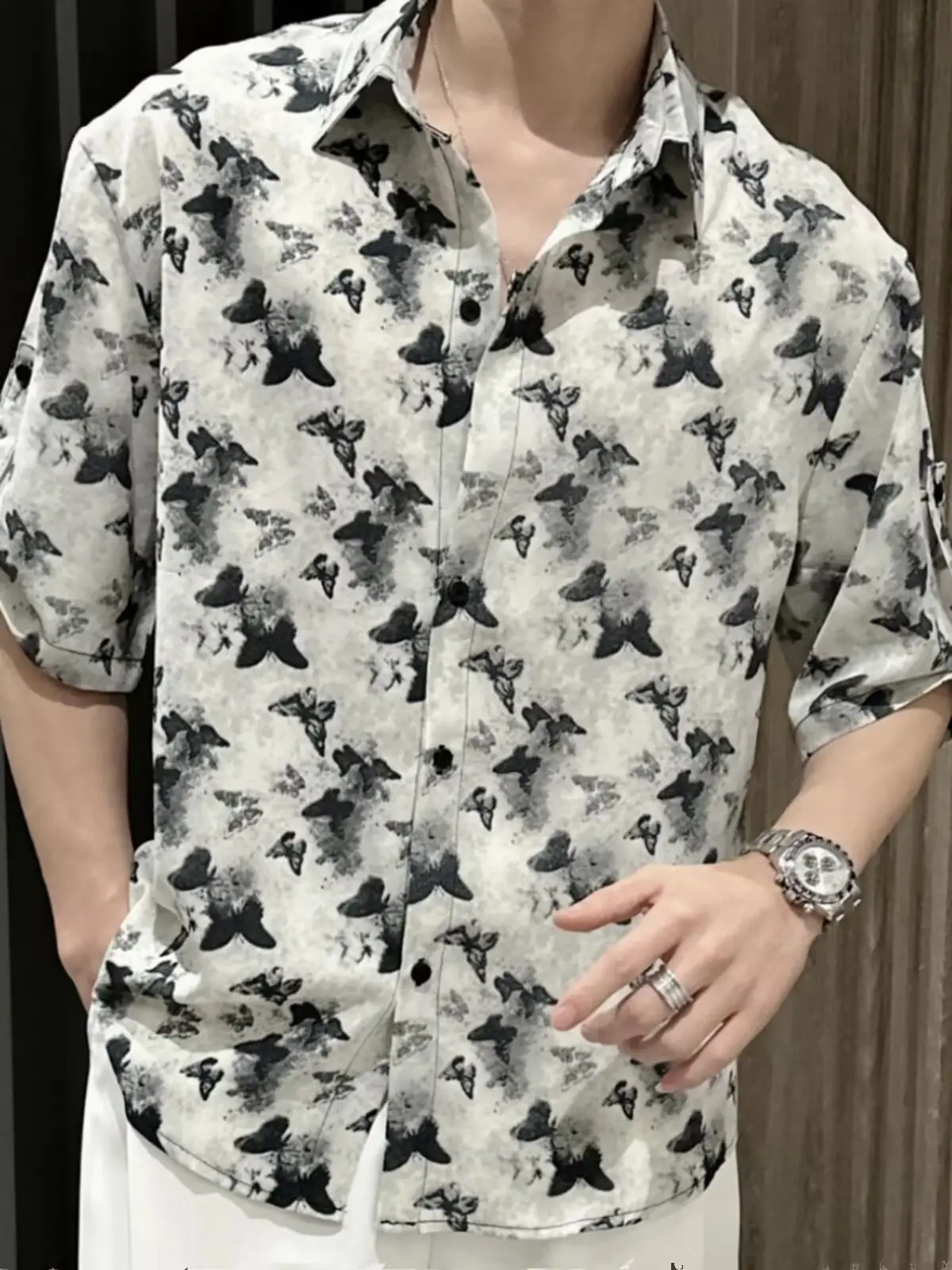 Men Black Star Print Zipper Shirt Short Sleeve