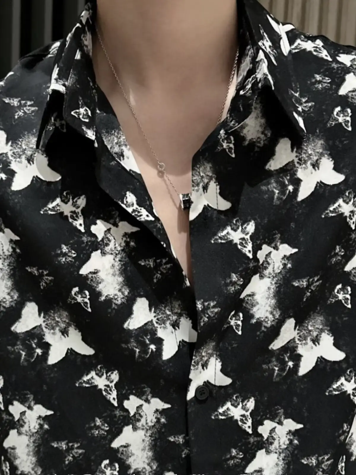 Men Black Star Print Zipper Shirt Short Sleeve
