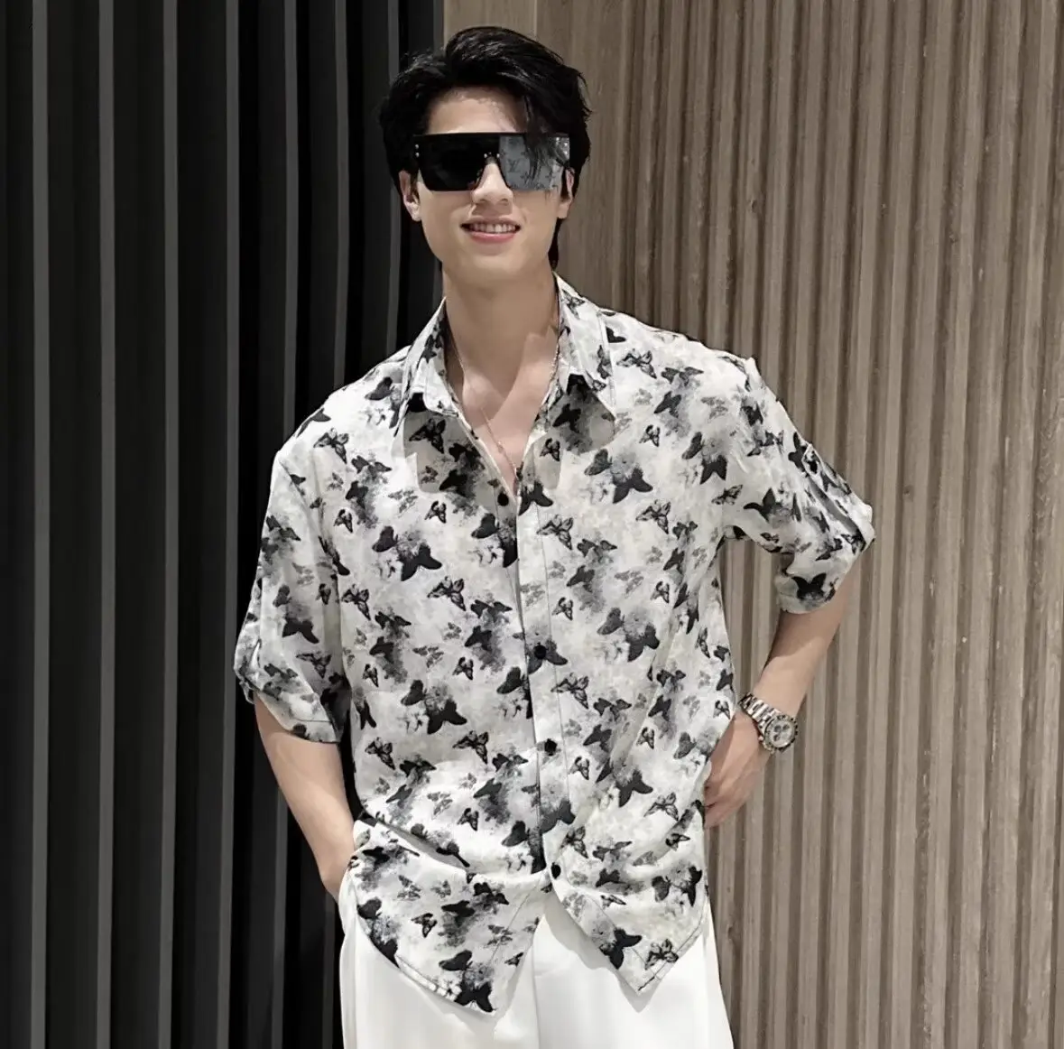 Men Black Star Print Zipper Shirt Short Sleeve — feature 1