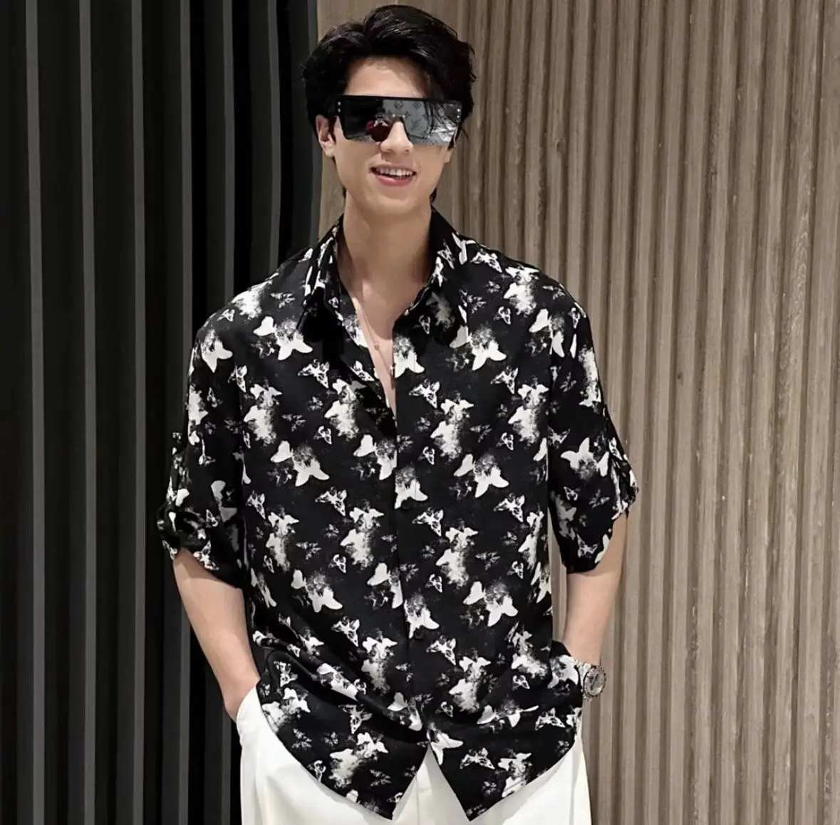 Men Black Star Print Zipper Shirt Short Sleeve — feature 2