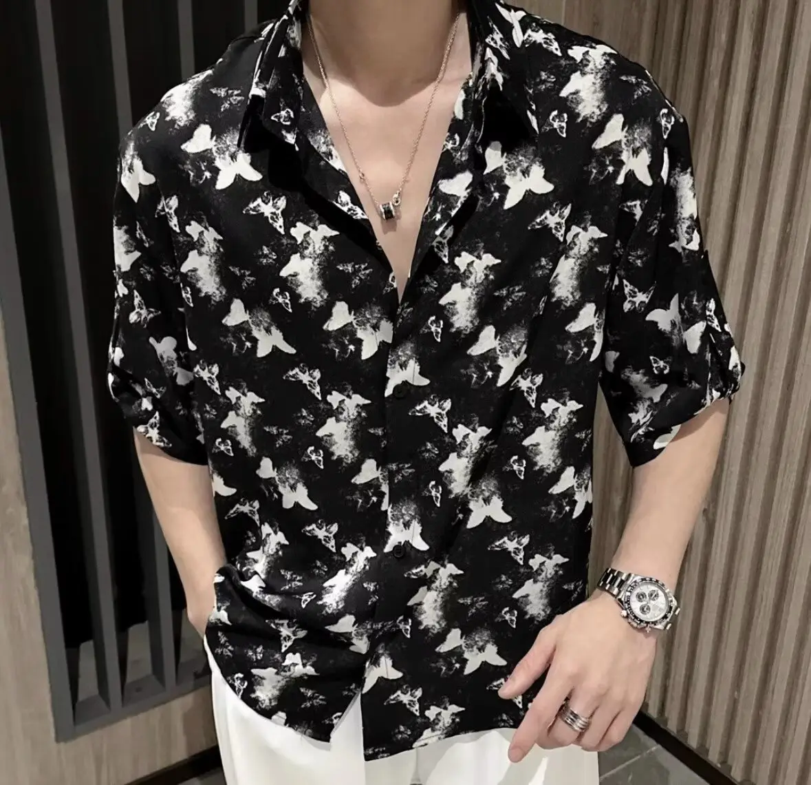 Men Black Star Print Zipper Shirt Short Sleeve — feature 4