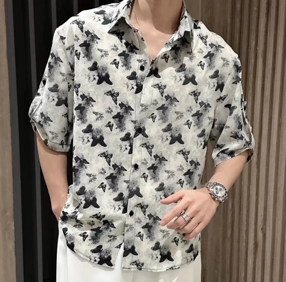 Men Black Star Print Zipper Shirt Short Sleeve — feature 5