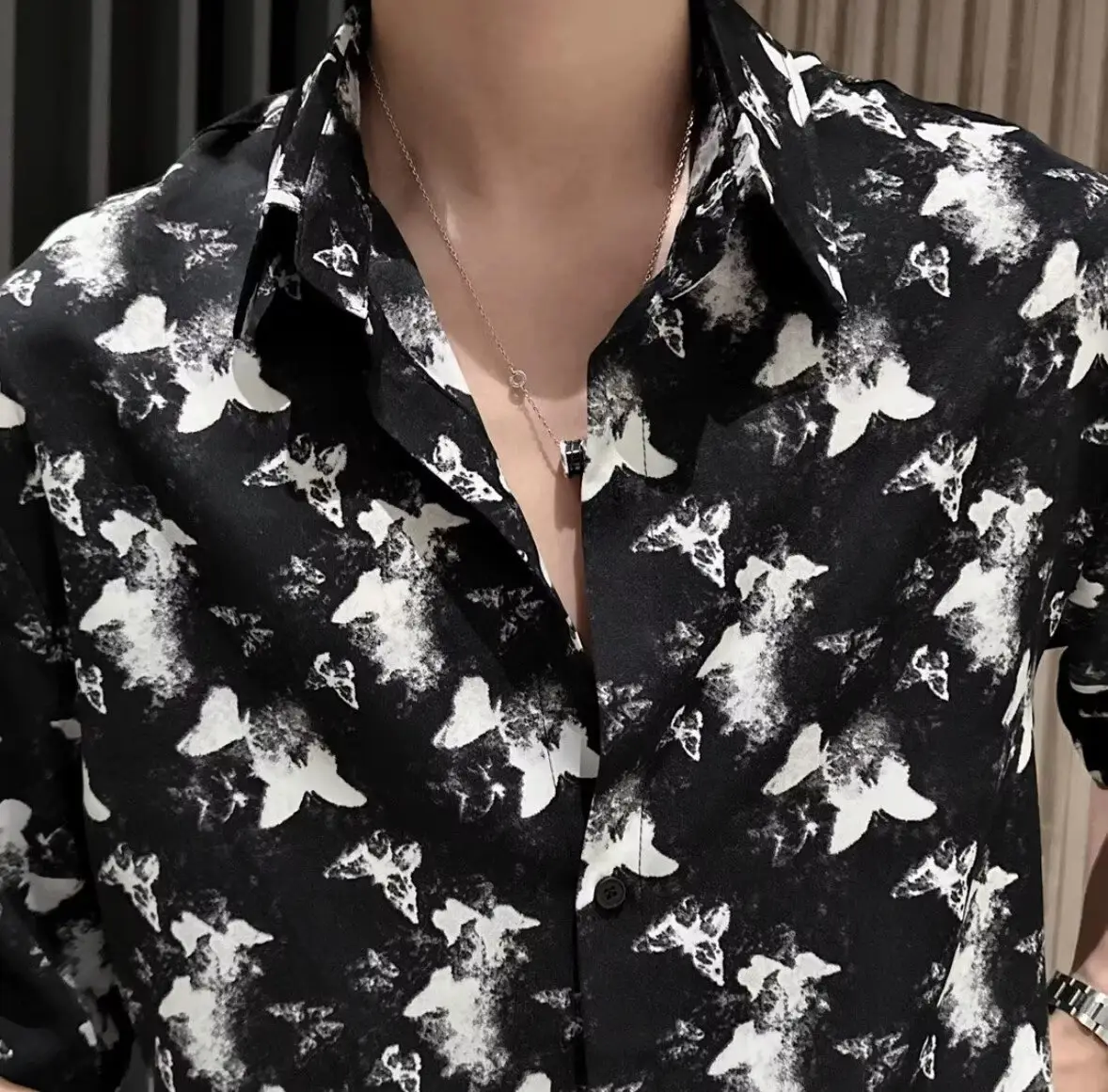 Men Black Star Print Zipper Shirt Short Sleeve — feature 6