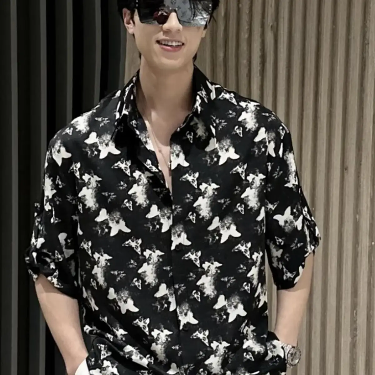 Men Black Star Print Zipper Shirt Short Sleeve — feature 7