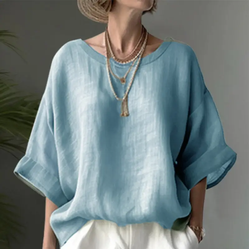 2024 Green Linen Round Neck Loose Fit Women's Top - Image 5