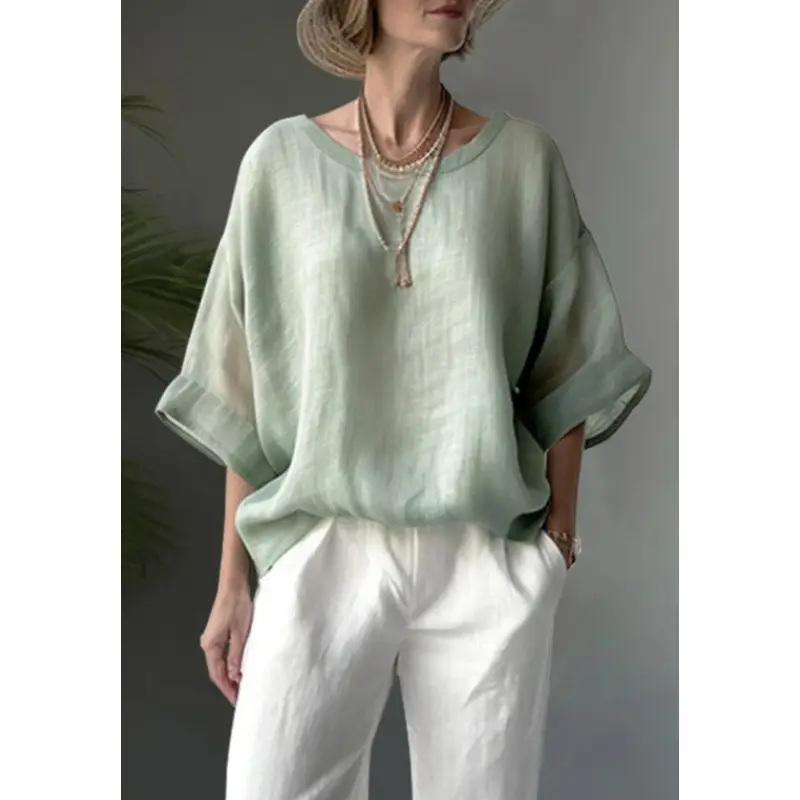 2024 Green Linen Round Neck Loose Fit Women's Top - Image 6