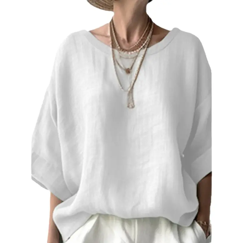 2024 Green Linen Round Neck Loose Fit Women's Top - Image 8