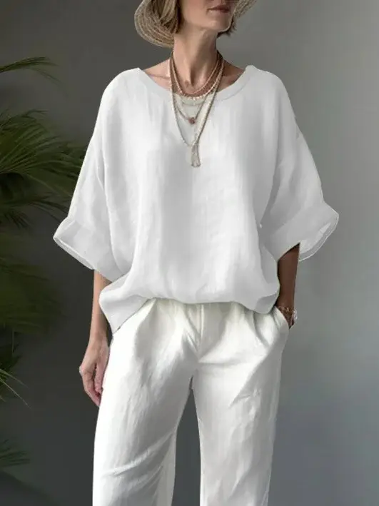 2024 Green Linen Round Neck Loose Fit Women's Top — feature 2
