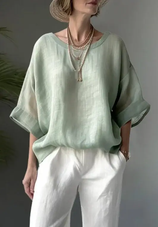 2024 Green Linen Round Neck Loose Fit Women's Top — feature 3