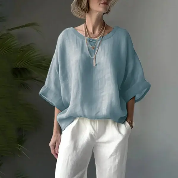 2024 Green Linen Round Neck Loose Fit Women's Top — feature 4
