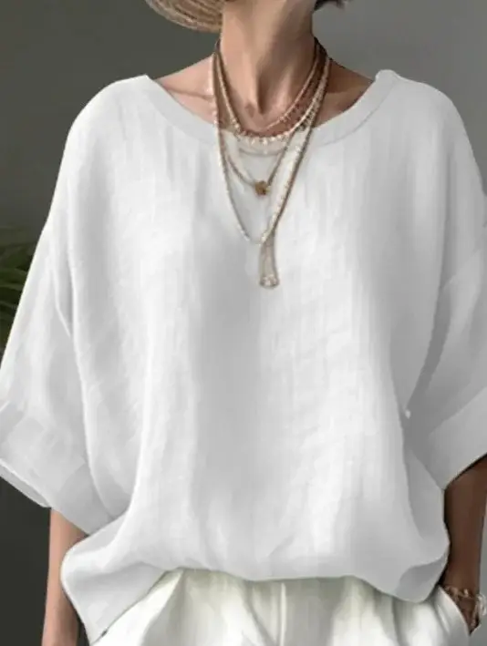 2024 Green Linen Round Neck Loose Fit Women's Top — feature 5