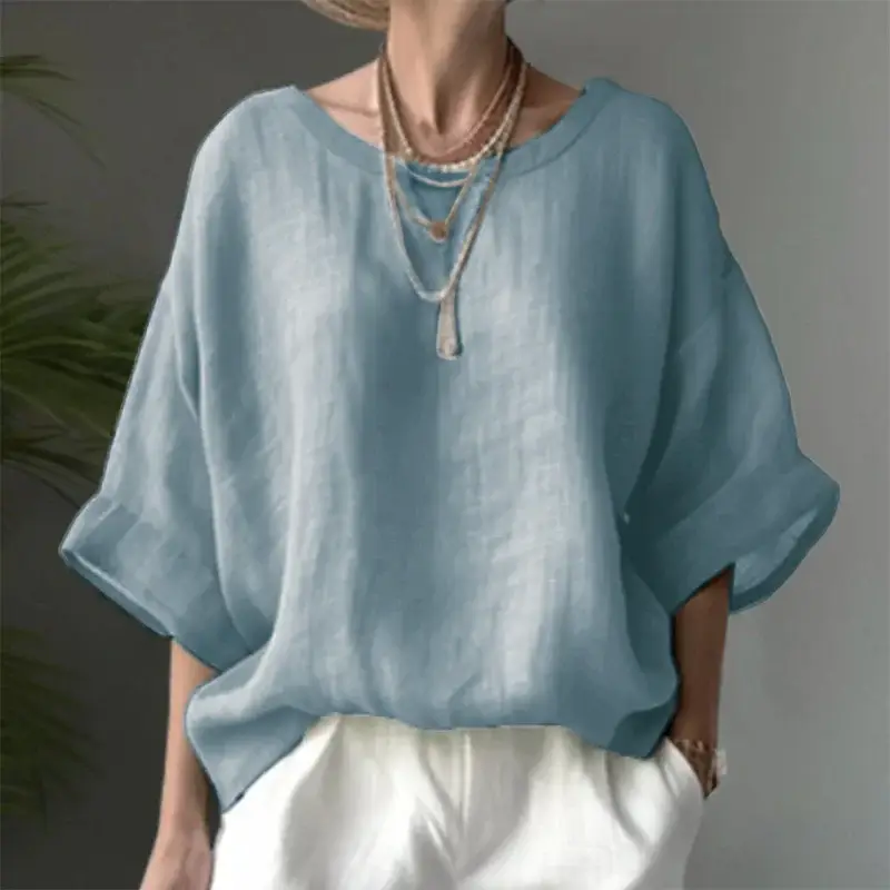 2024 Green Linen Round Neck Loose Fit Women's Top — feature 6