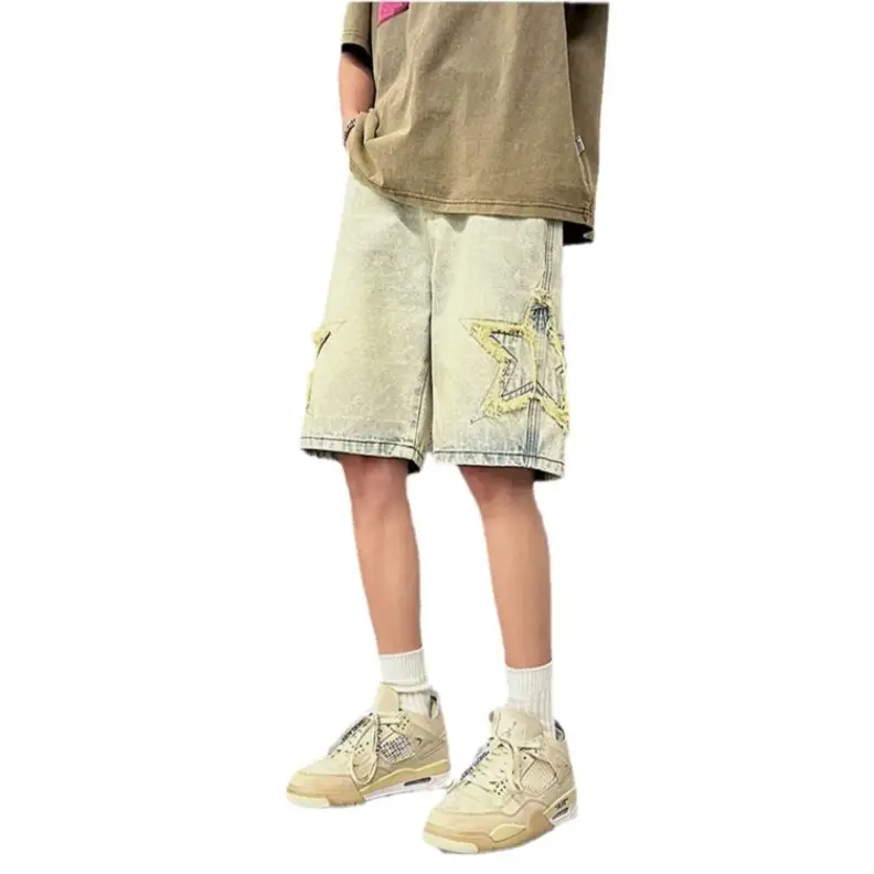Men Yellow Mud Denim Shorts Summer Loose Fit - Image 7