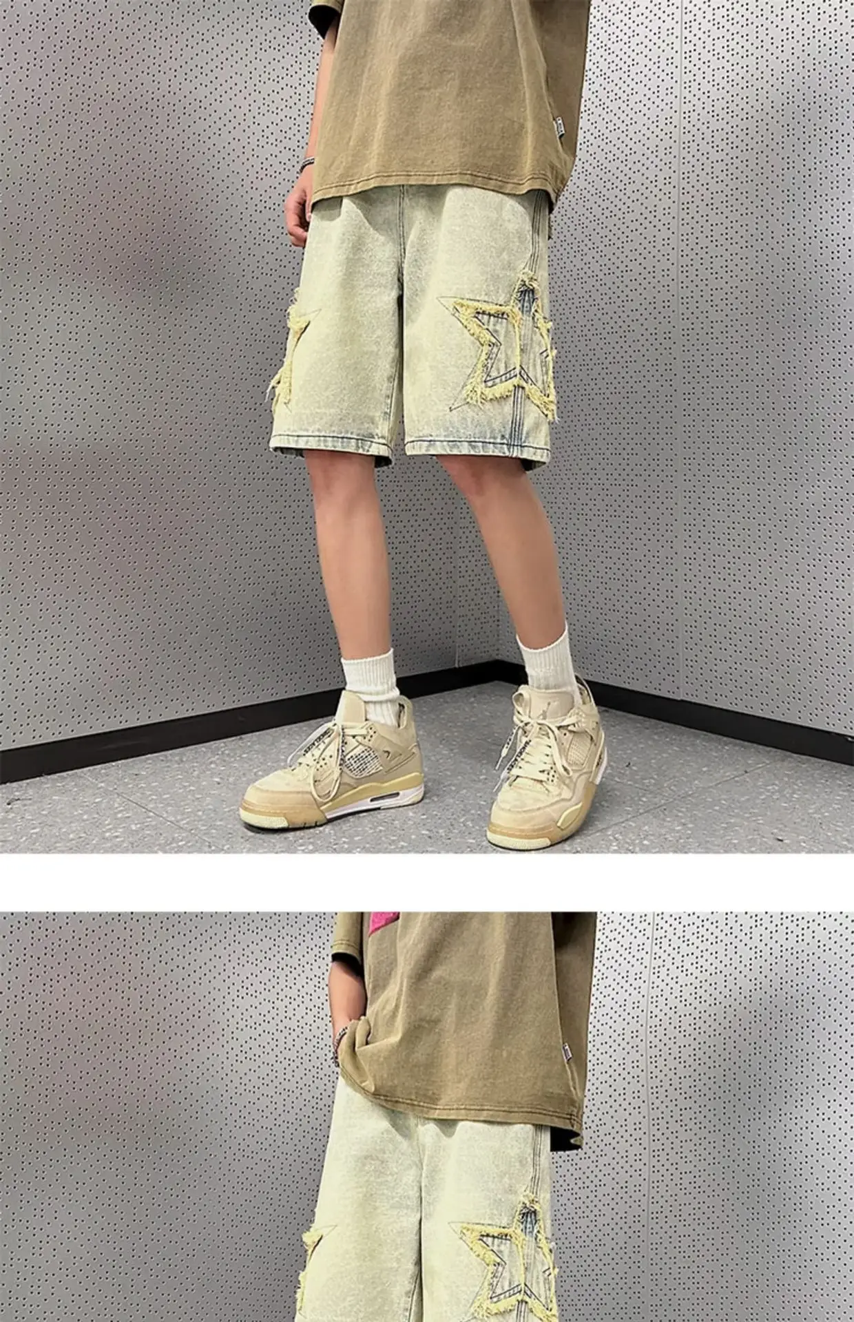 Men Yellow Mud Denim Shorts Summer Loose Fit — feature 3
