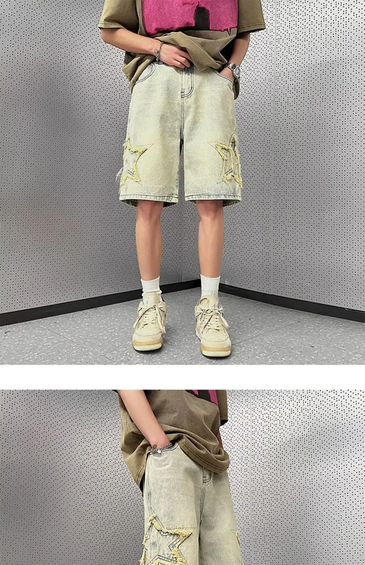 Men Yellow Mud Denim Shorts Summer Loose Fit — feature 5