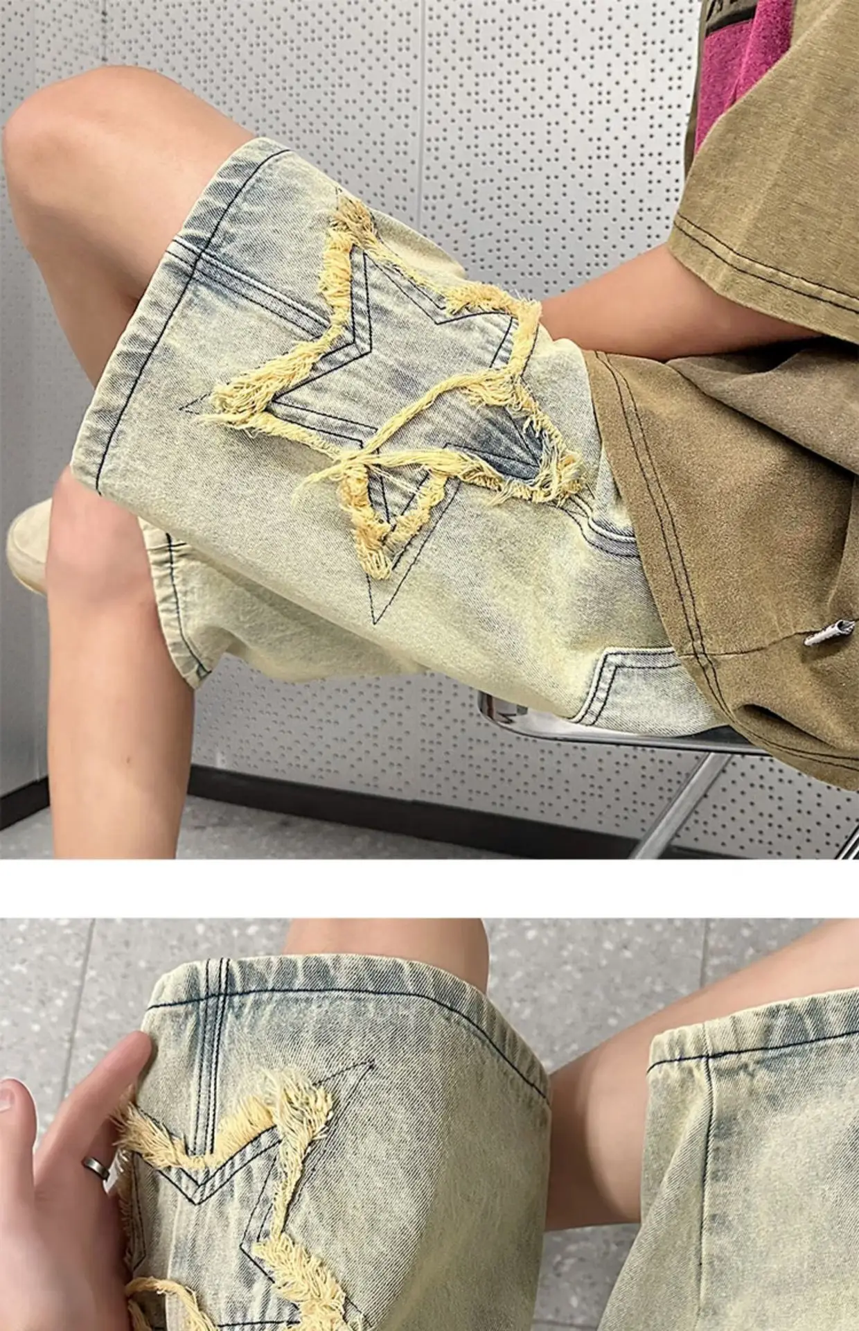 Men Yellow Mud Denim Shorts Summer Loose Fit — feature 9
