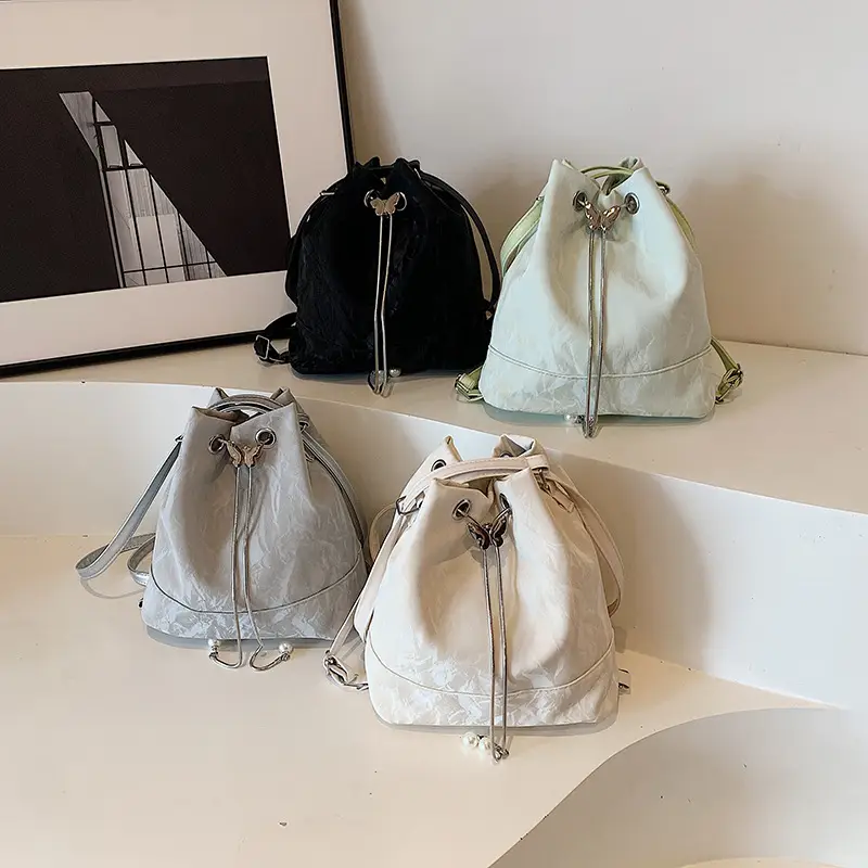 Women's White Cotton Bucket Bag Large Capacity Shoulder Bag