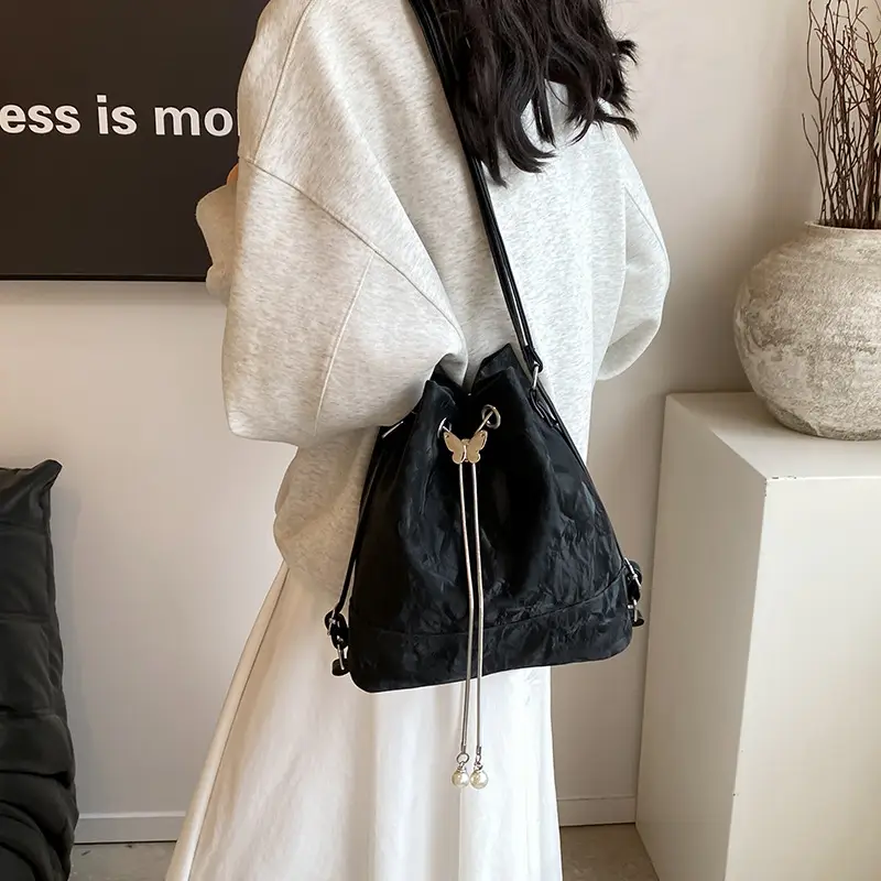 Women's White Cotton Bucket Bag Large Capacity Shoulder Bag