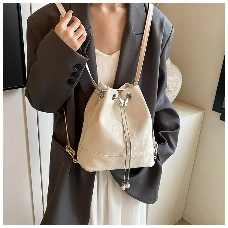 Women's White Cotton Bucket Bag Large Capacity Shoulder Bag — feature 9