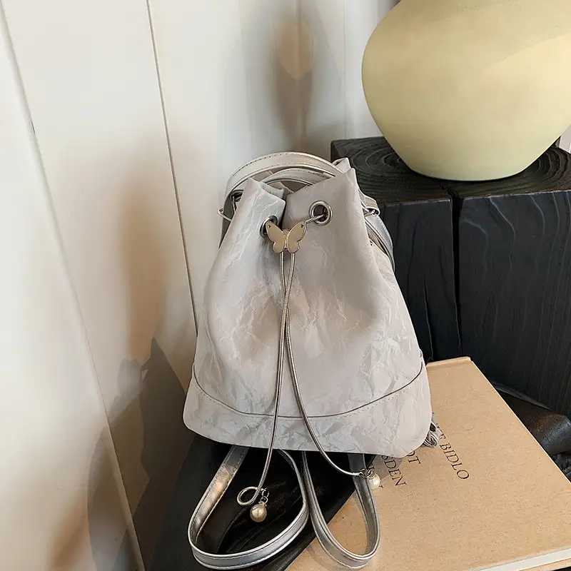 Women's White Cotton Bucket Bag Large Capacity Shoulder Bag