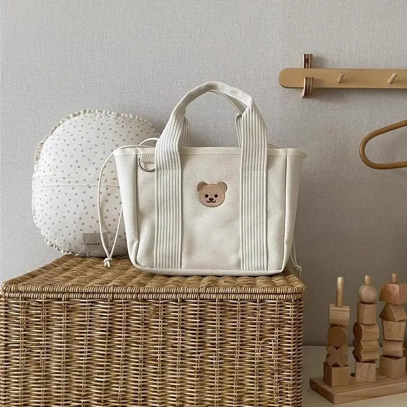 Canvas Drawstring Baby Lunch Bag with Teddy Bear Embroidery - Image 3