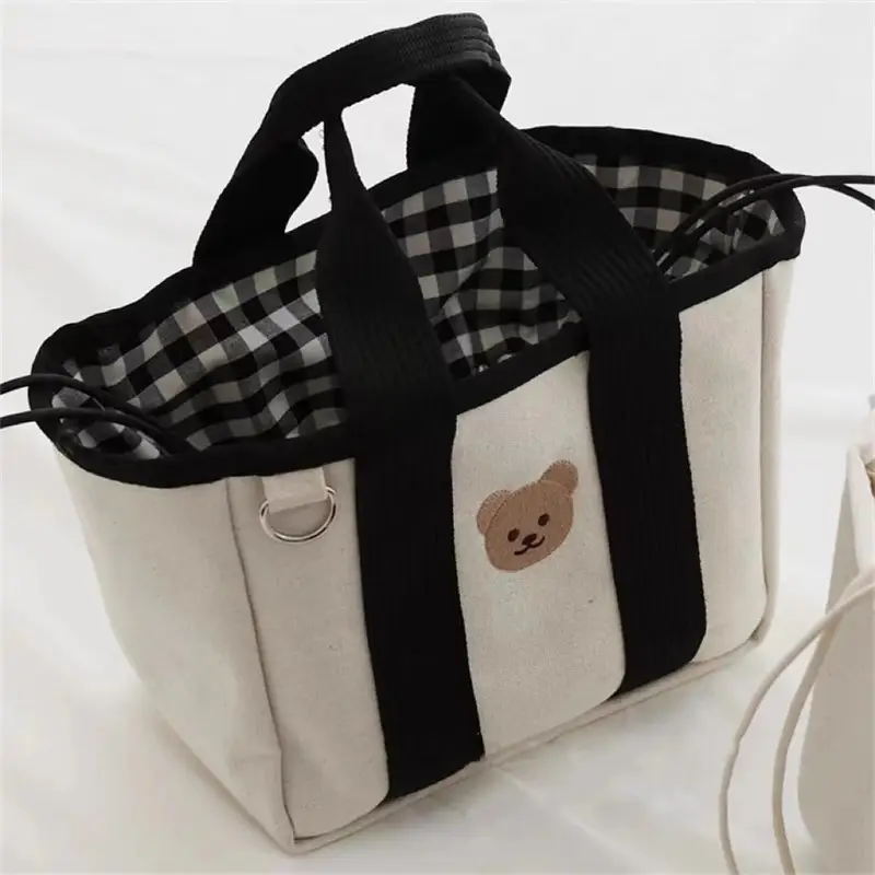 Canvas Drawstring Baby Lunch Bag with Teddy Bear Embroidery - Image 4