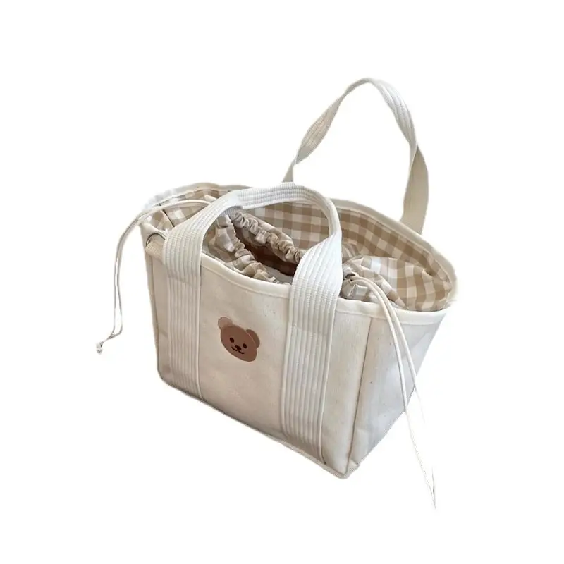 Canvas Drawstring Baby Lunch Bag with Teddy Bear Embroidery - Image 6