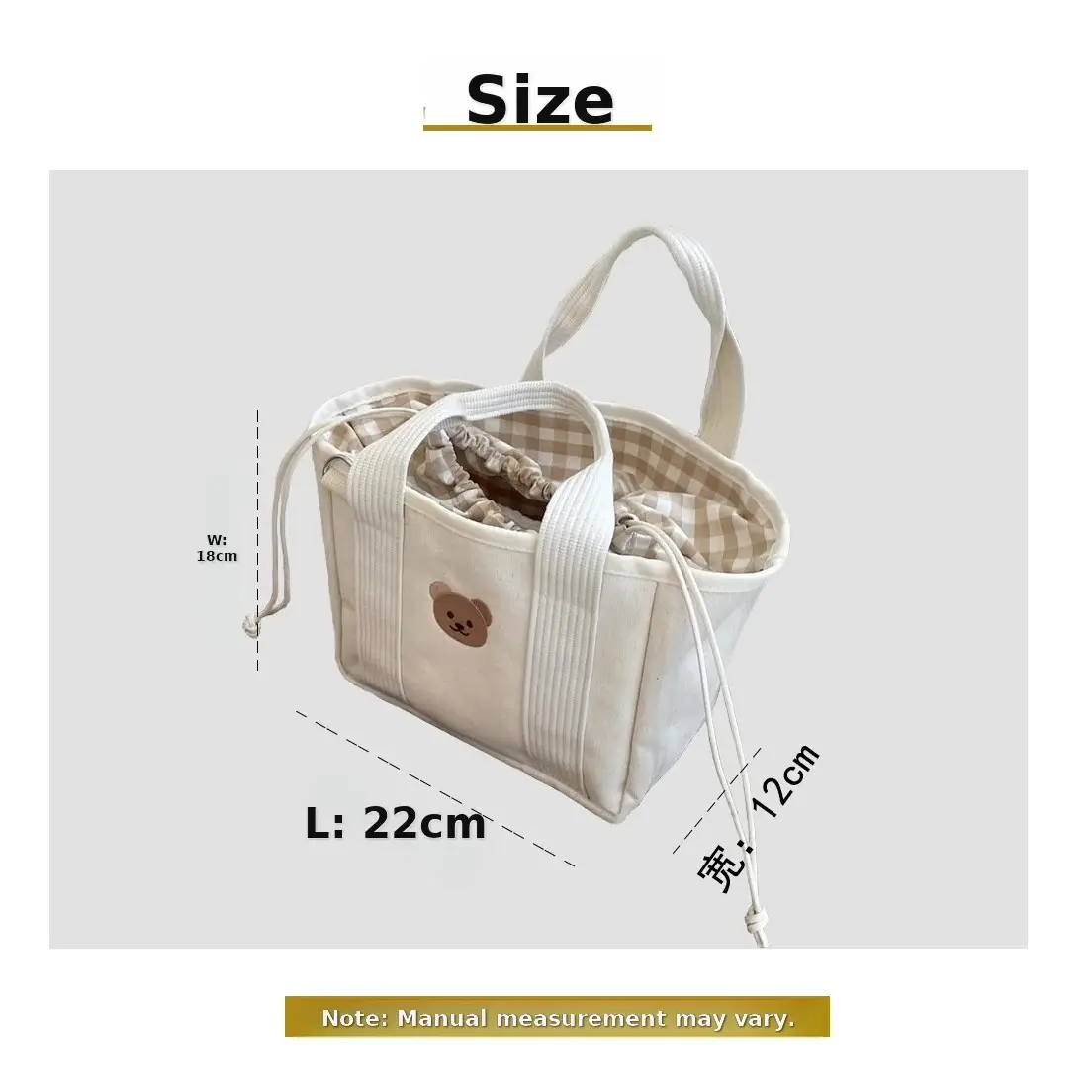 Canvas Drawstring Baby Lunch Bag with Teddy Bear Embroidery — feature 1
