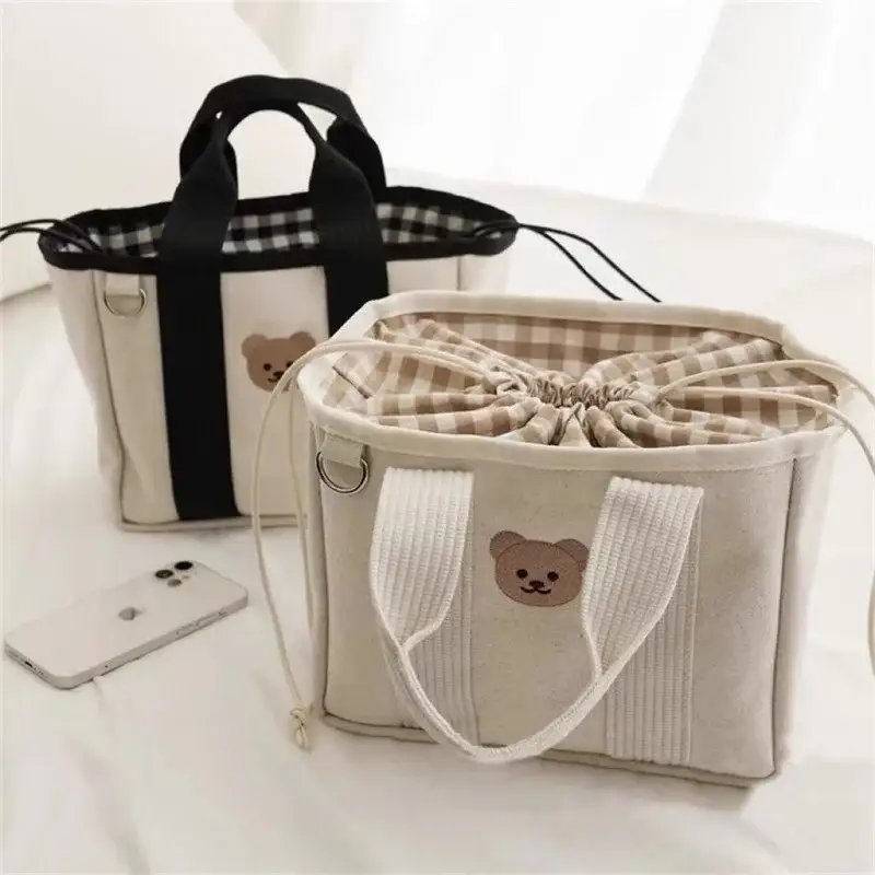 Canvas Drawstring Baby Lunch Bag with Teddy Bear Embroidery — feature 2