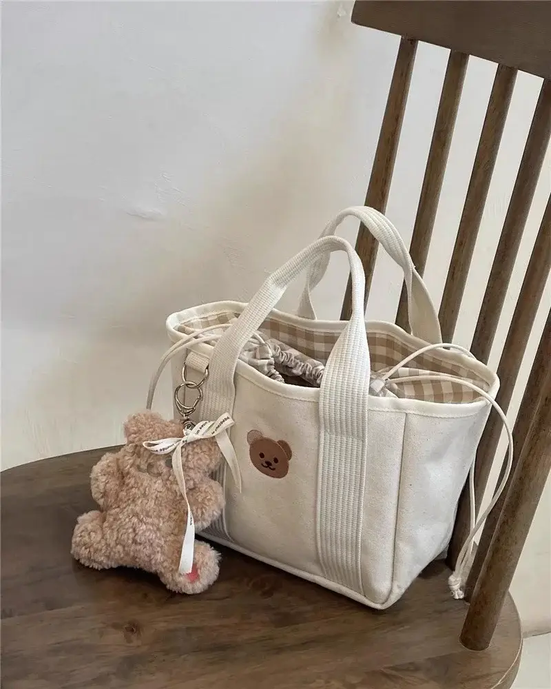 Canvas Drawstring Baby Lunch Bag with Teddy Bear Embroidery — feature 7