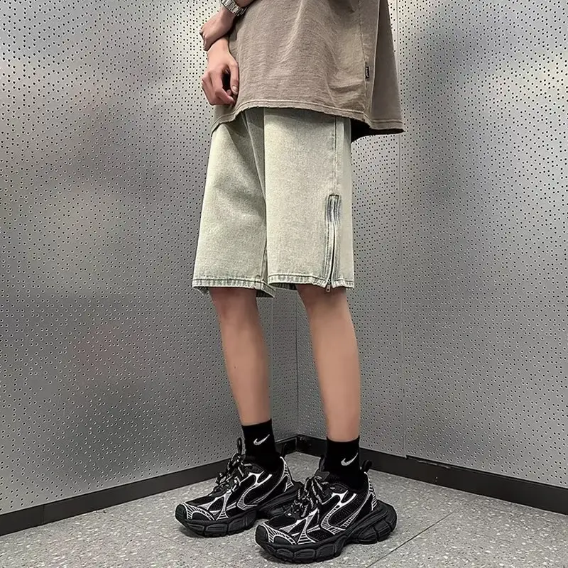 Men Denim Shorts Yellow Zipper Split Wide Leg Summer - Image 4