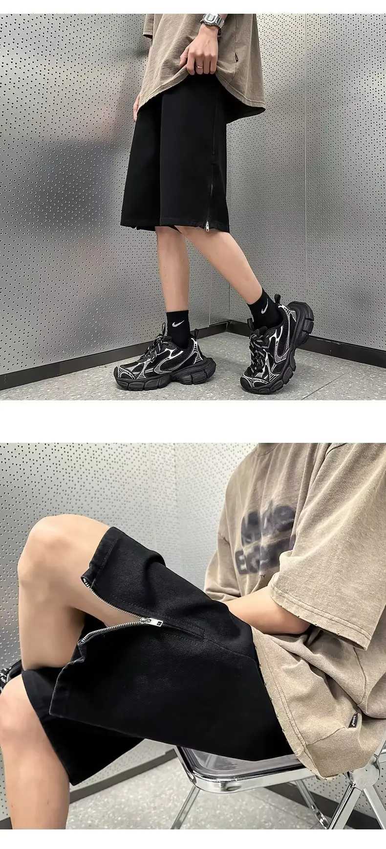 Men Denim Shorts Yellow Zipper Split Wide Leg Summer — feature 10