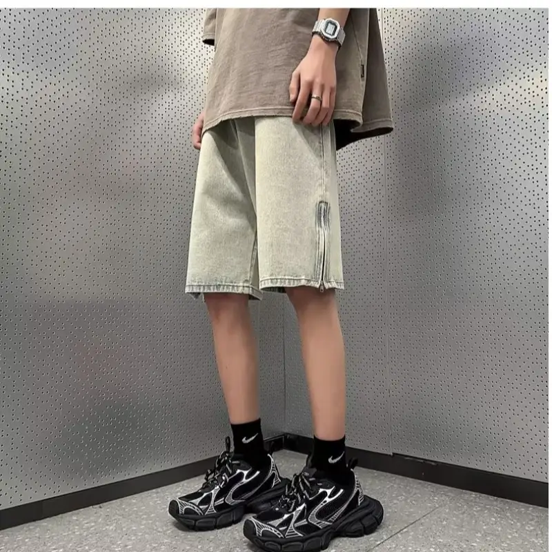 Men Denim Shorts Yellow Zipper Split Wide Leg Summer — feature 14