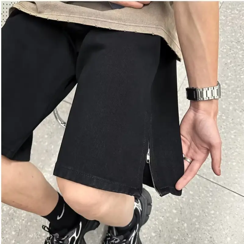 Men Denim Shorts Yellow Zipper Split Wide Leg Summer — feature 15