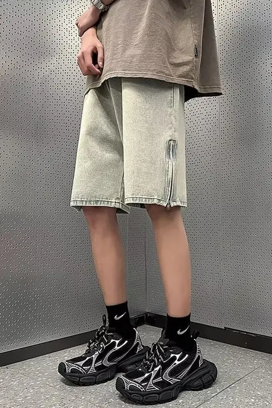 Men Denim Shorts Yellow Zipper Split Wide Leg Summer — feature 16