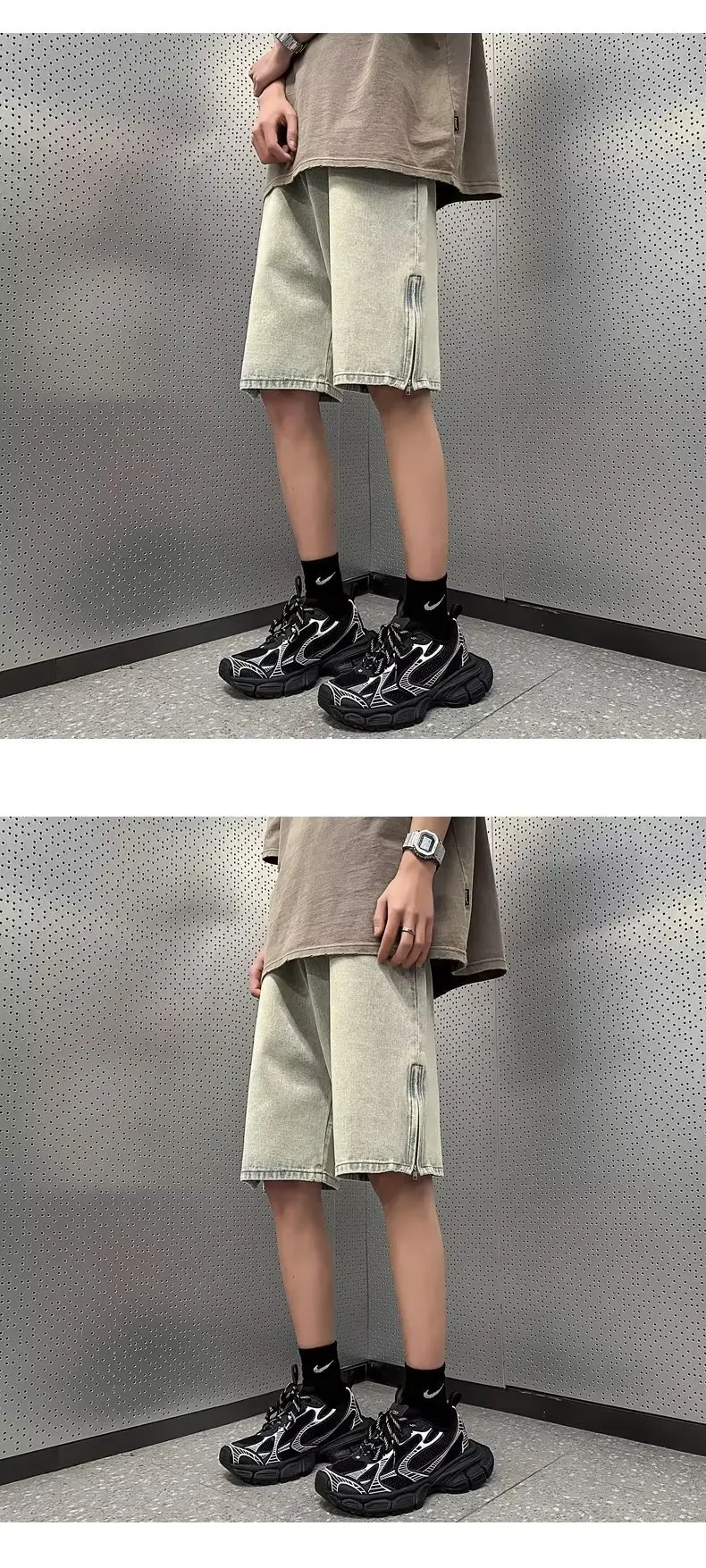 Men Denim Shorts Yellow Zipper Split Wide Leg Summer — feature 4