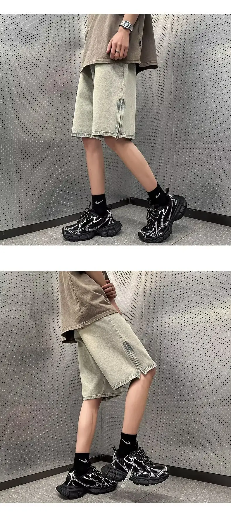 Men Denim Shorts Yellow Zipper Split Wide Leg Summer — feature 6