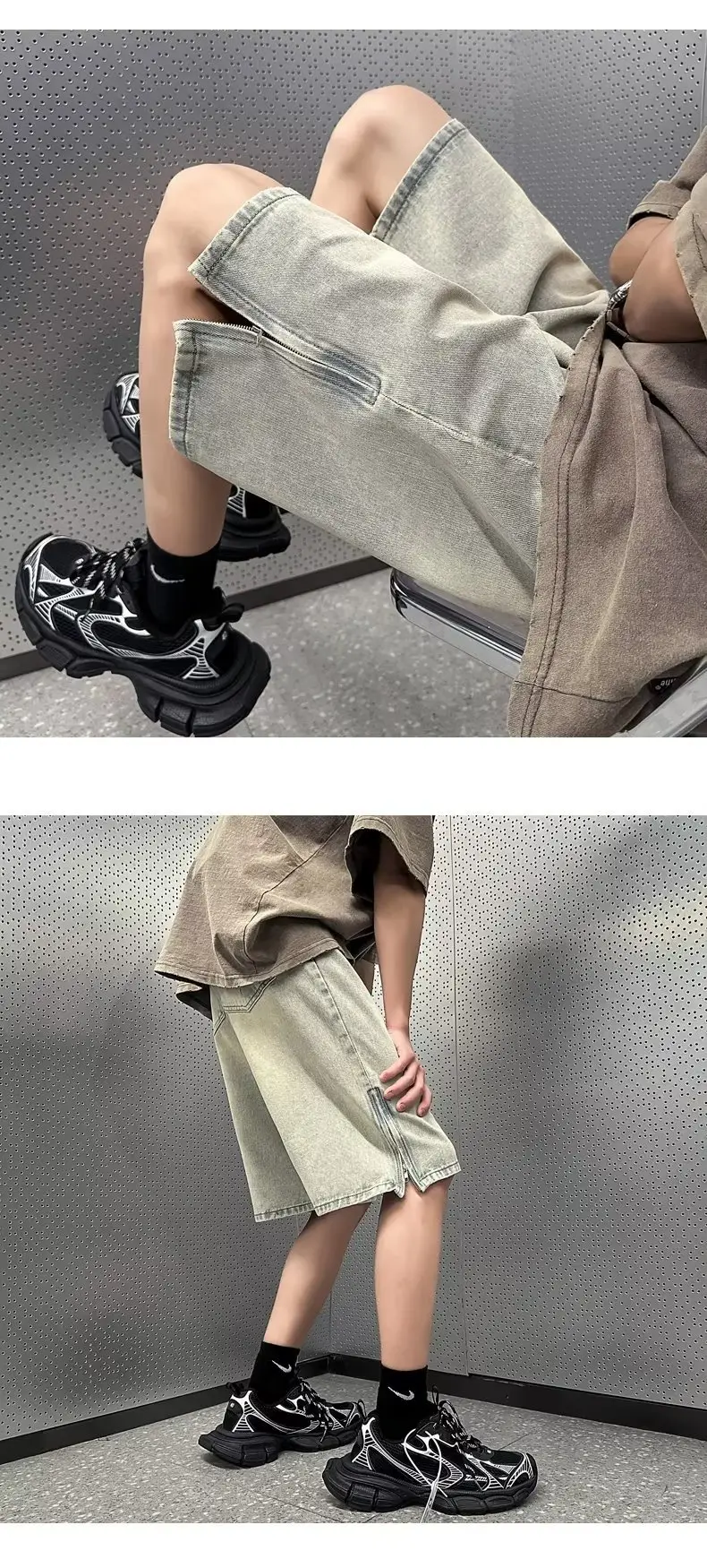 Men Denim Shorts Yellow Zipper Split Wide Leg Summer — feature 8