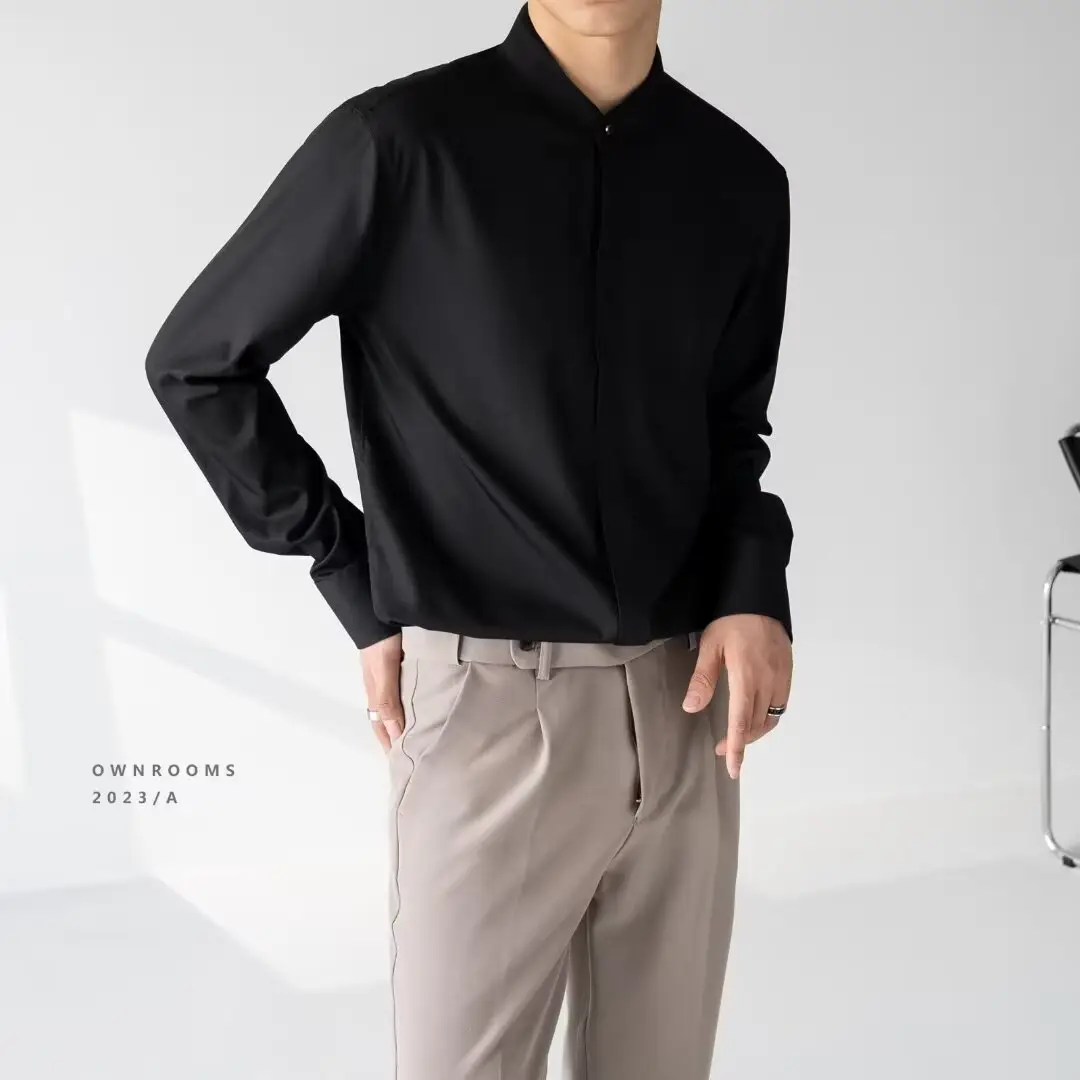 Men's Black Long Sleeve Collarless Shirt 2023