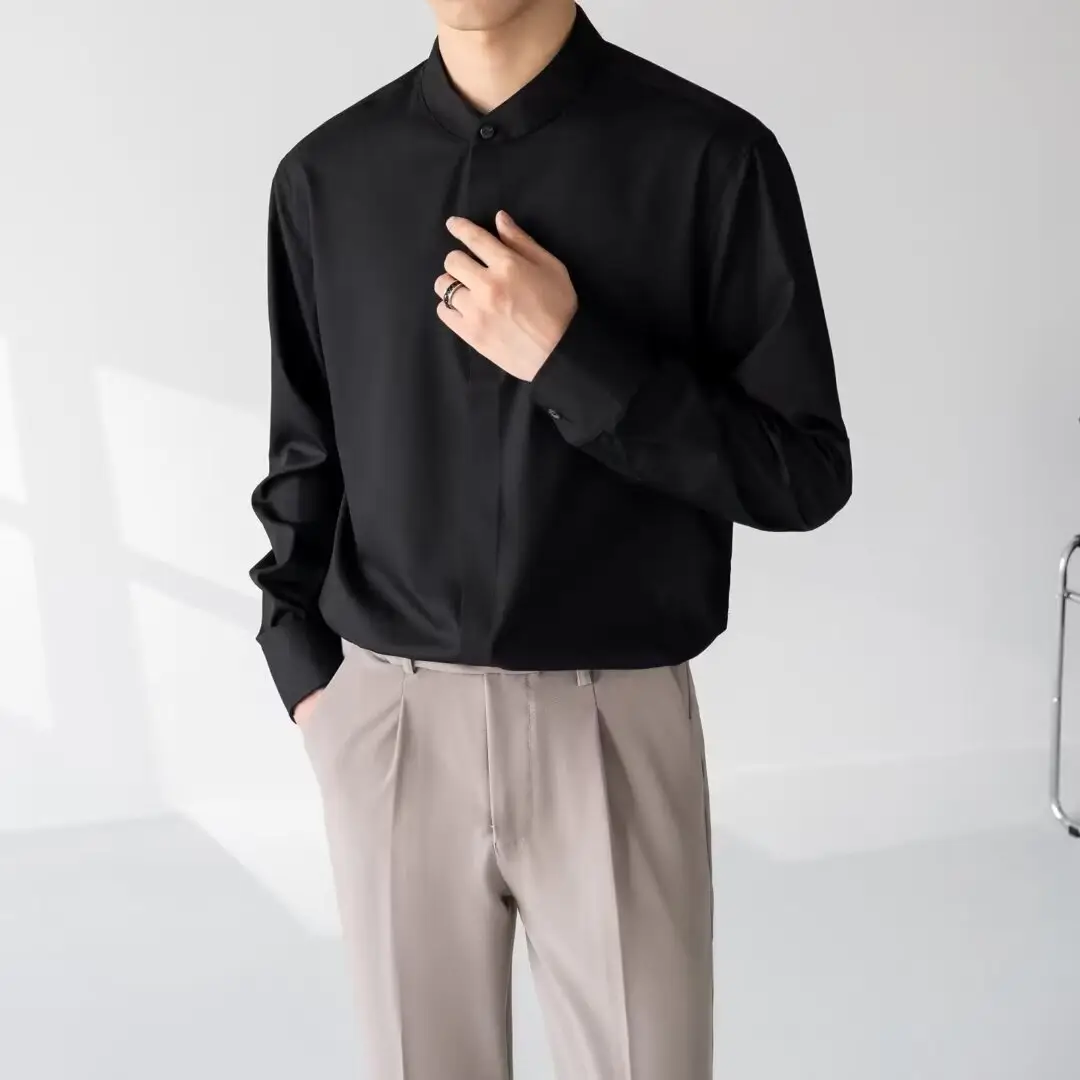Men's Black Long Sleeve Collarless Shirt 2023