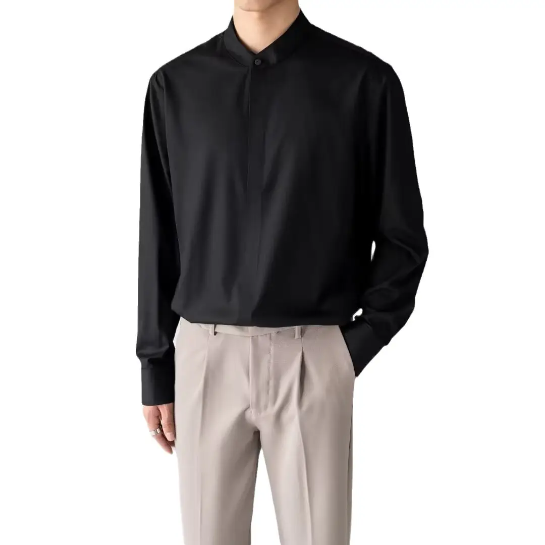 Men's Black Long Sleeve Collarless Shirt 2023