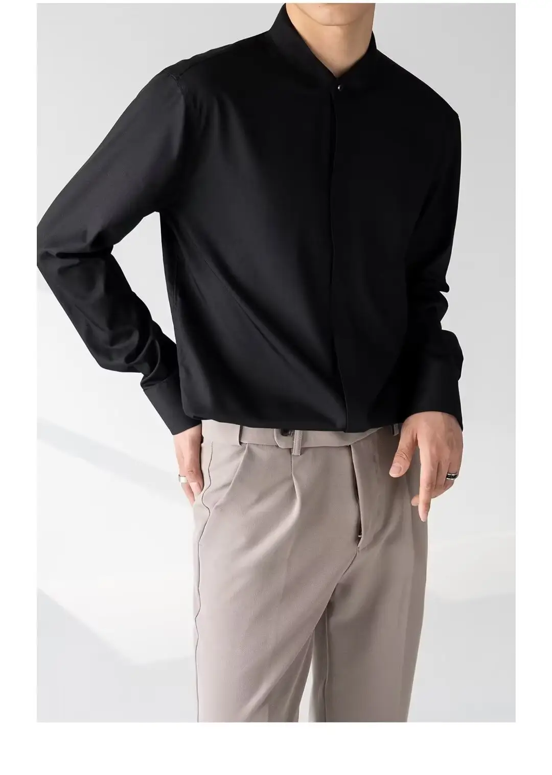 Men's Black Long Sleeve Collarless Shirt 2023 — feature 1